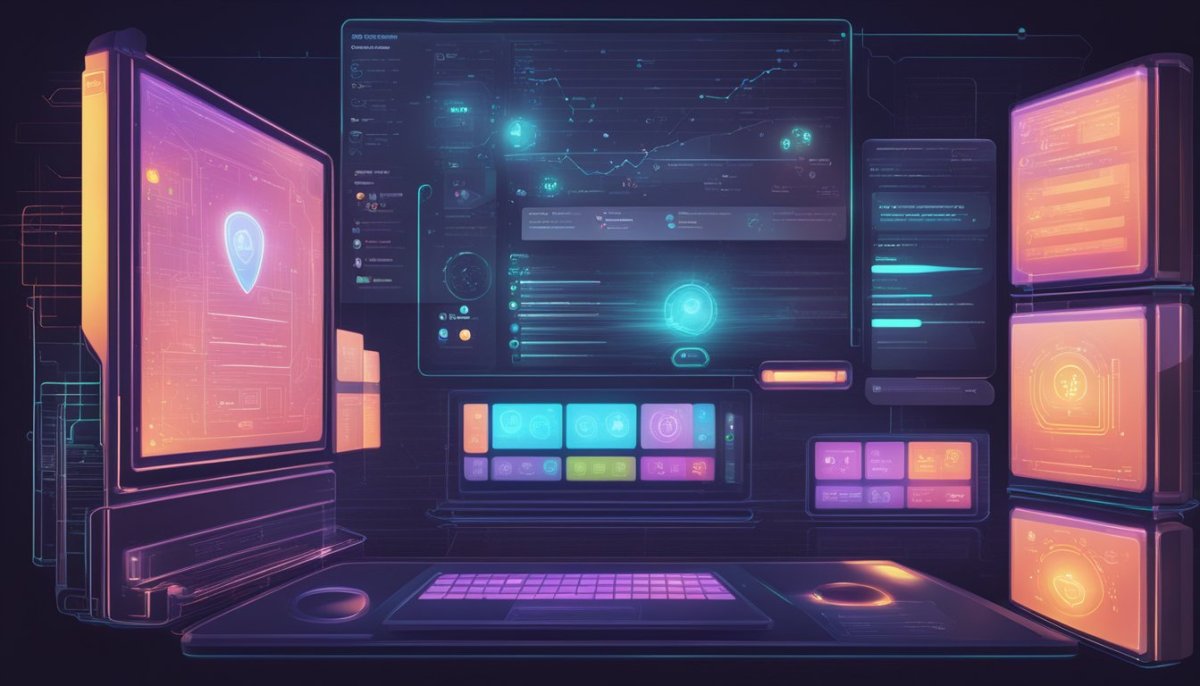 Futuristinen, hehkuva käyttöliittymä näyttää erilaisia tietopisteitä ja turvallisuusominaisuuksia ChatGPT ikätodentamisjärjestelmälle