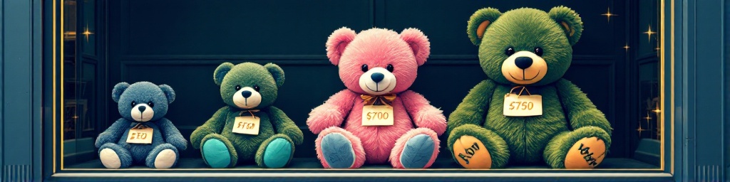 Four teddy bears with prices