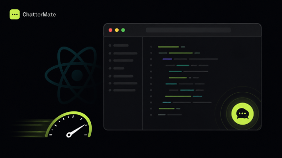 React chat widget loading in a browser window with a performance speedometer, ChatterMate hero illustration
