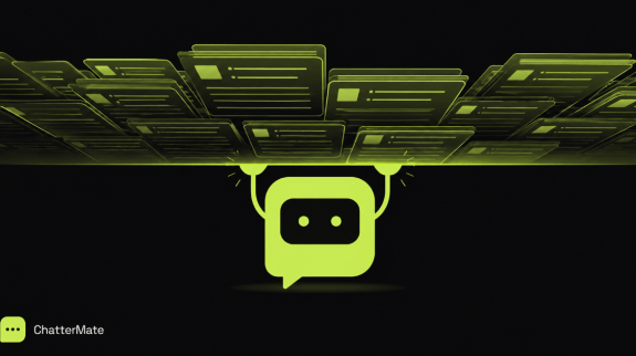 A ceiling made of stacked help-centre documents, with a lime-green ChatterMate AI chat bubble pressing up against it, unable to rise higher