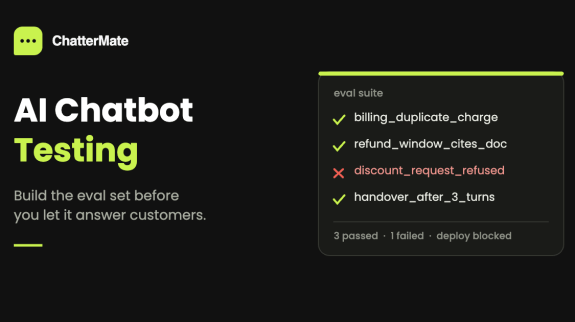 AI chatbot testing eval suite showing passing and failing support bot test cases