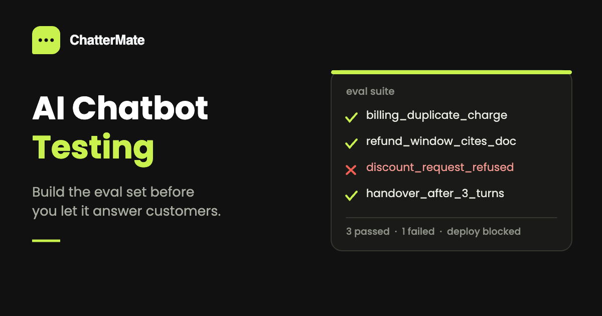 AI chatbot testing eval suite showing passing and failing support bot test cases