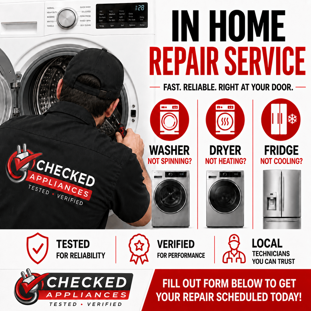In Home Repair Service, including Washing machine repair, Dryer repair, Fridge repaid, Stove repair, Dishwasher repair, Microwave repair, and Freezer Repairs