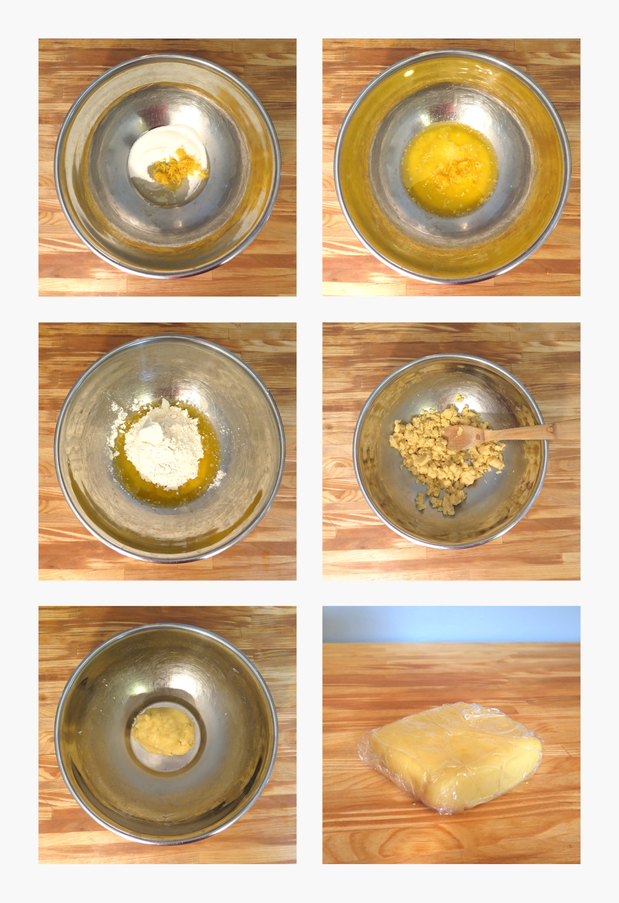 A montage showing the steps for mixing the shortbread dough.