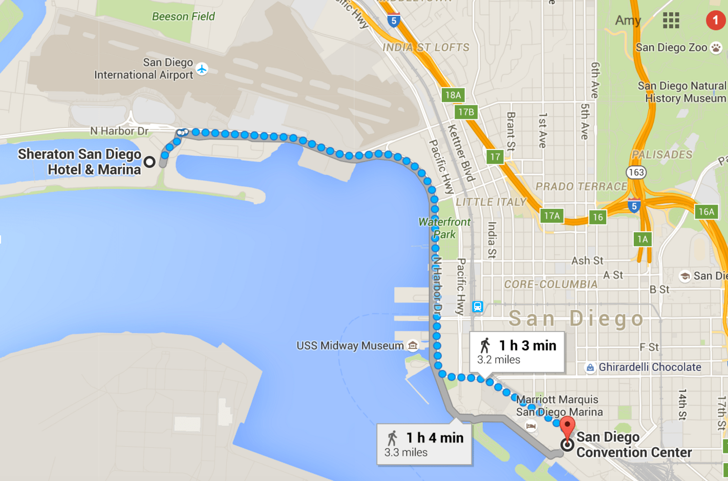 Map showing the distance from my hotel to the San Diego Convention Center.