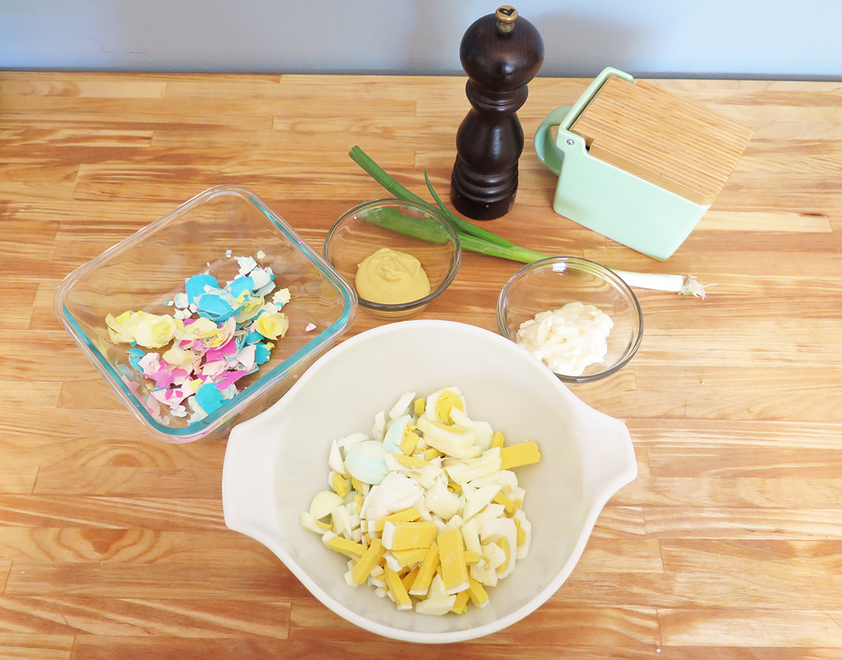 Chopped eggs in a bowl.
