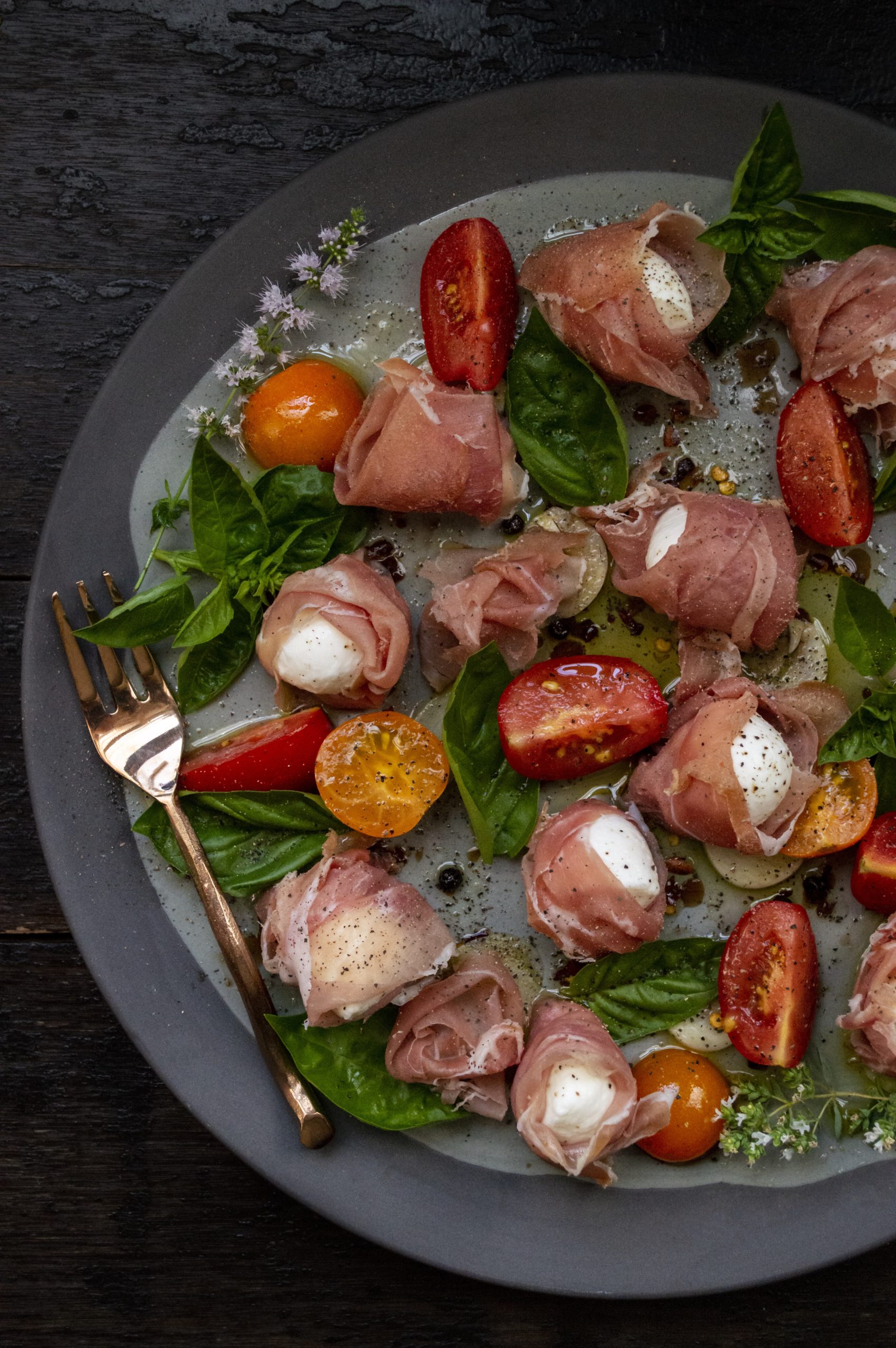 Prosciutto Wrapped Mozzarella with Marinated Tomatoes Chef Carly