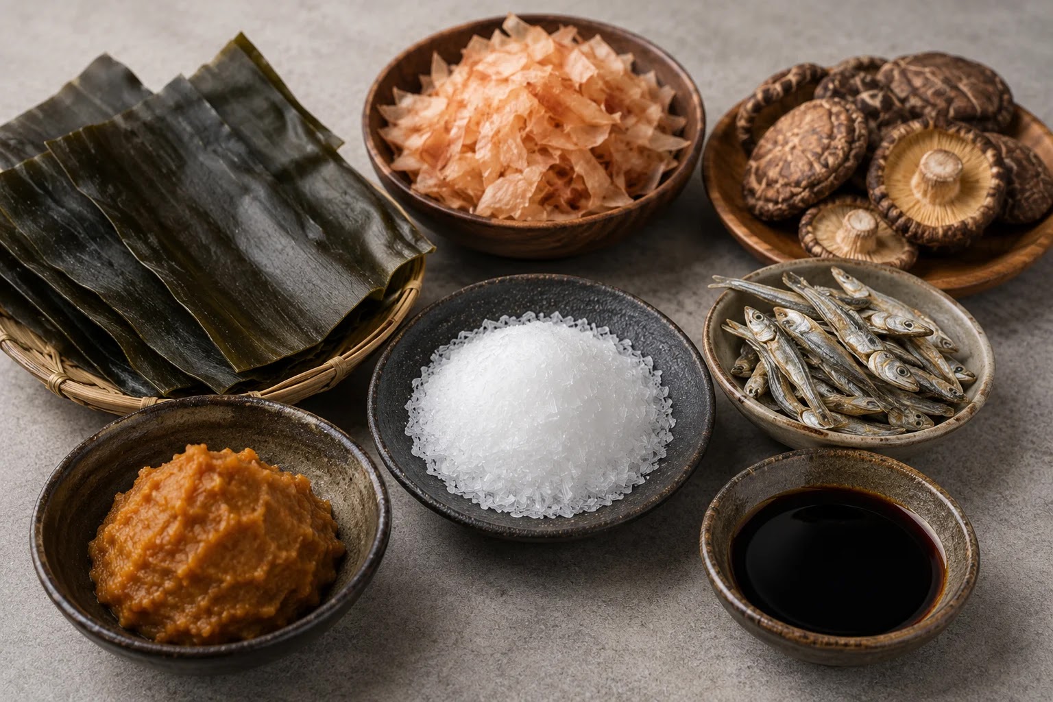 MSG crystals surrounded by kelp, dried anchovies, shiitake mushrooms, bonito flakes, fermented soybean paste, and soy sauce as natural sources of umami.