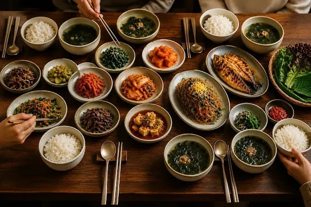 Traditional Korean table with individual rice and soup bowls, shared banchan, grilled fish, kimchi, and place settings for several diners.