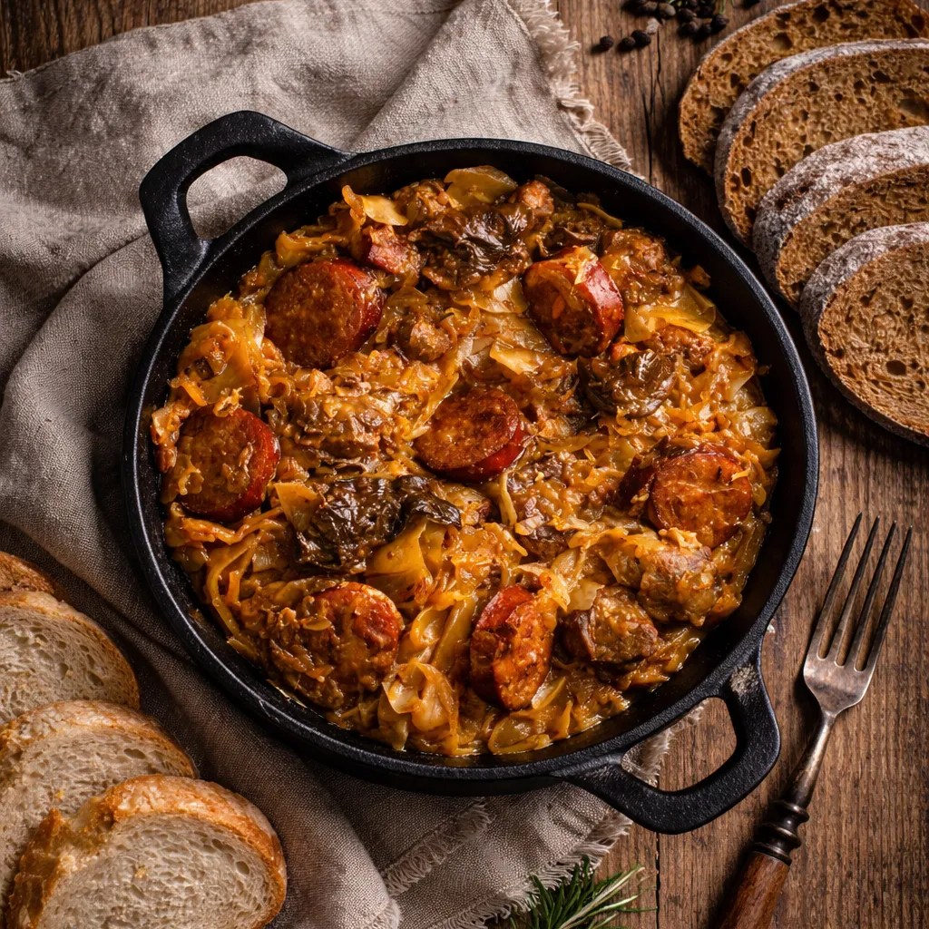 Overhead view of Bigos Królewski, traditional Polish hunter’s stew with sauerkraut, mixed meats and sausage, served in a cast iron pan with rustic bread on a wooden table.