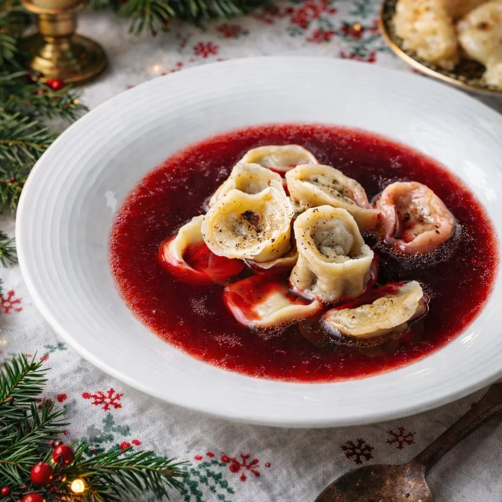 Polish Christmas beetroot soup (barszcz czerwony) served with mushroom uszka, brushed with butter and sprinkled with black pepper on a festive table.