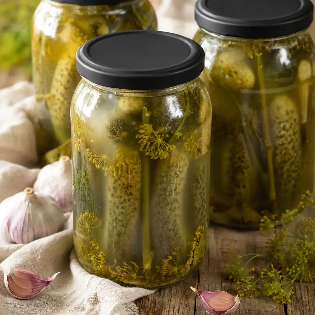 Three jars of homemade ogórki kiszone - Polish fermented dill pickles - with fresh dill and garlic on a rustic wooden table.