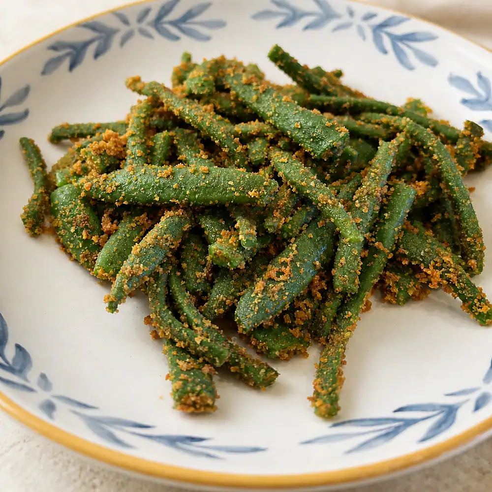 Close up of Polish runner beans tossed in browned butter breadcrumbs