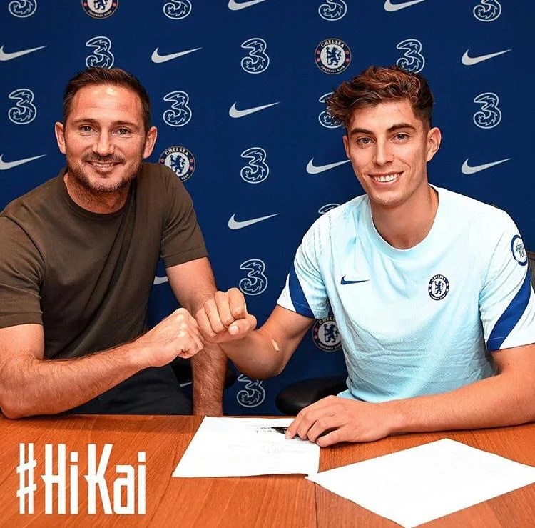 Frank Lampard e Kai Havertz apertando as mãos