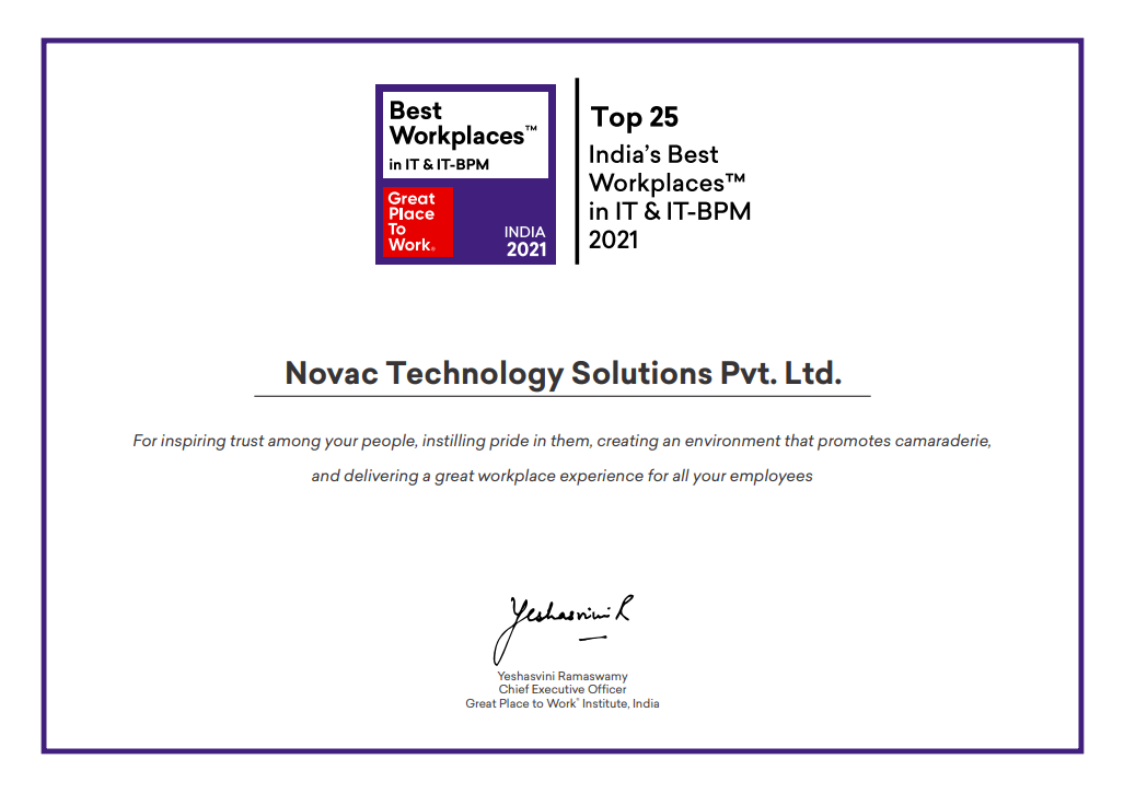 NOVAC recognized as one of India's Top 25 Best Workplaces in IT & IT-BPM, 2021.