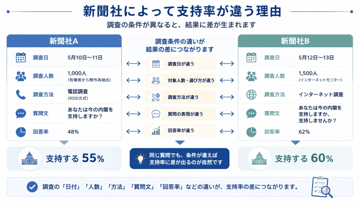 調査条件によって支持率に差が生まれる例