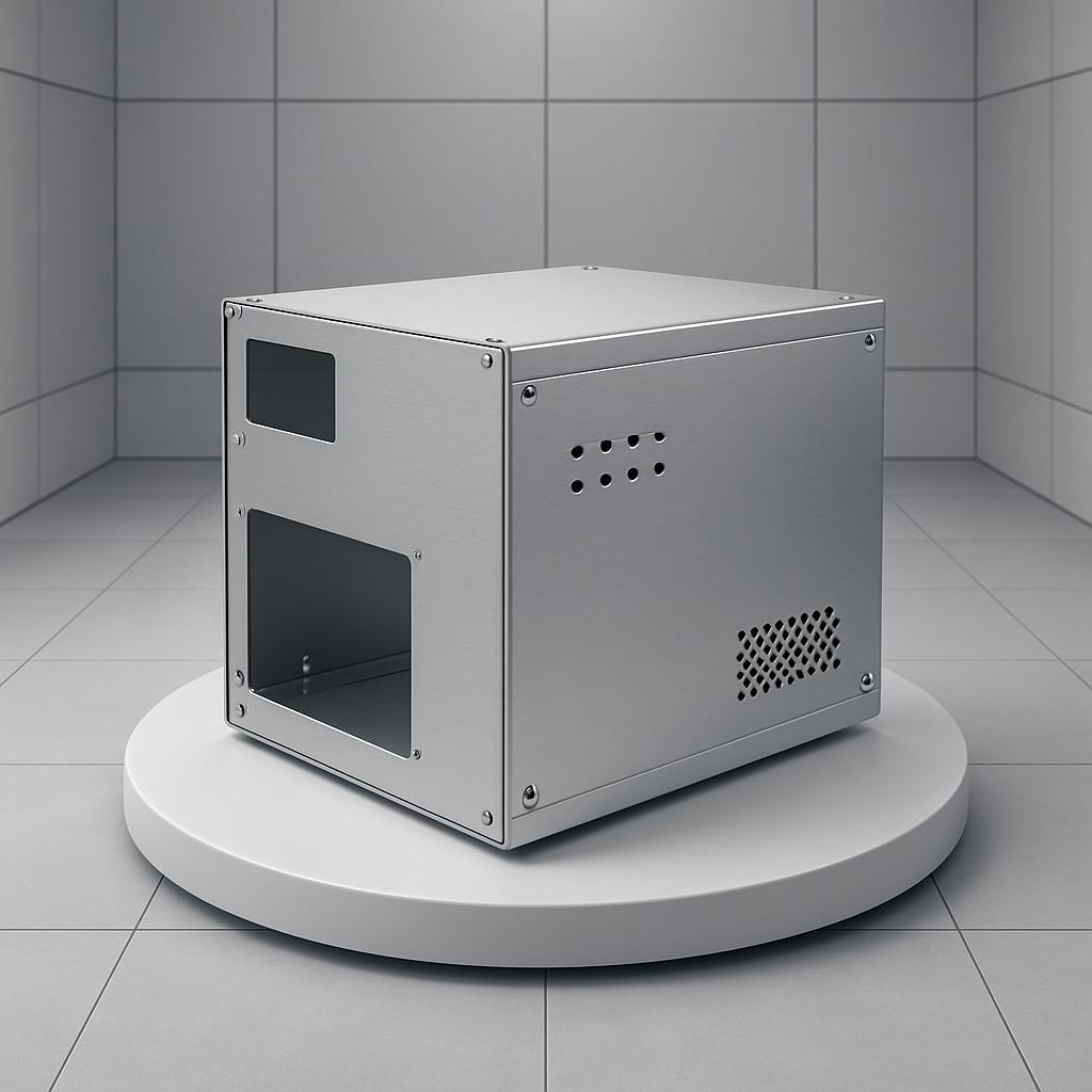 A metal box featuring a square opening and perforations on the side, set on a round white platform, against a grey tiled b...