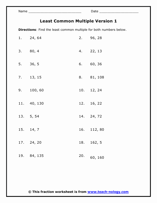 50 least common multiple worksheet
