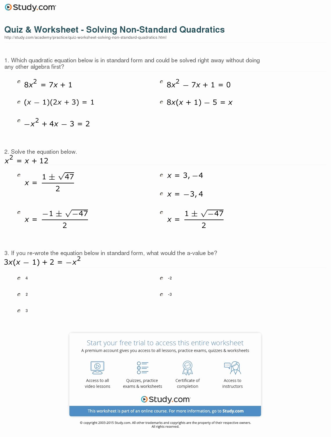 50 quadratic functions worksheet answers