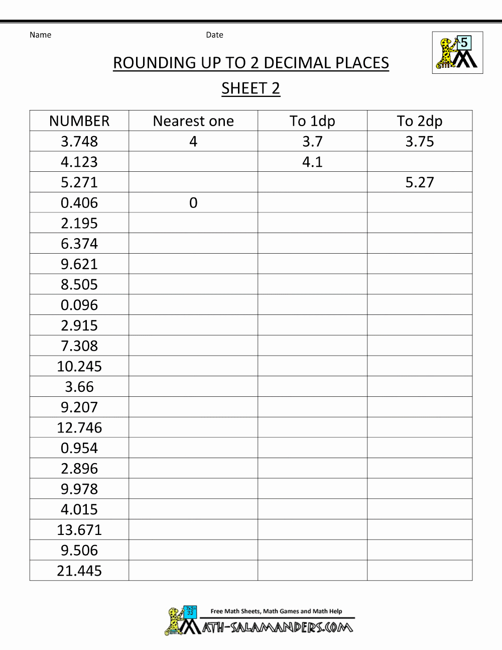 50 rounding decimals worksheet 5th grade