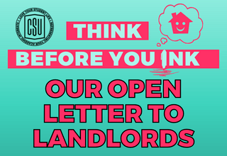 Blue background with pink text which reads "Think before you ink, our open letter to landlords"