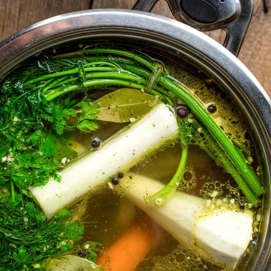 Chicken Broth made of chicken breast and vegetables, and aromatic herbs.