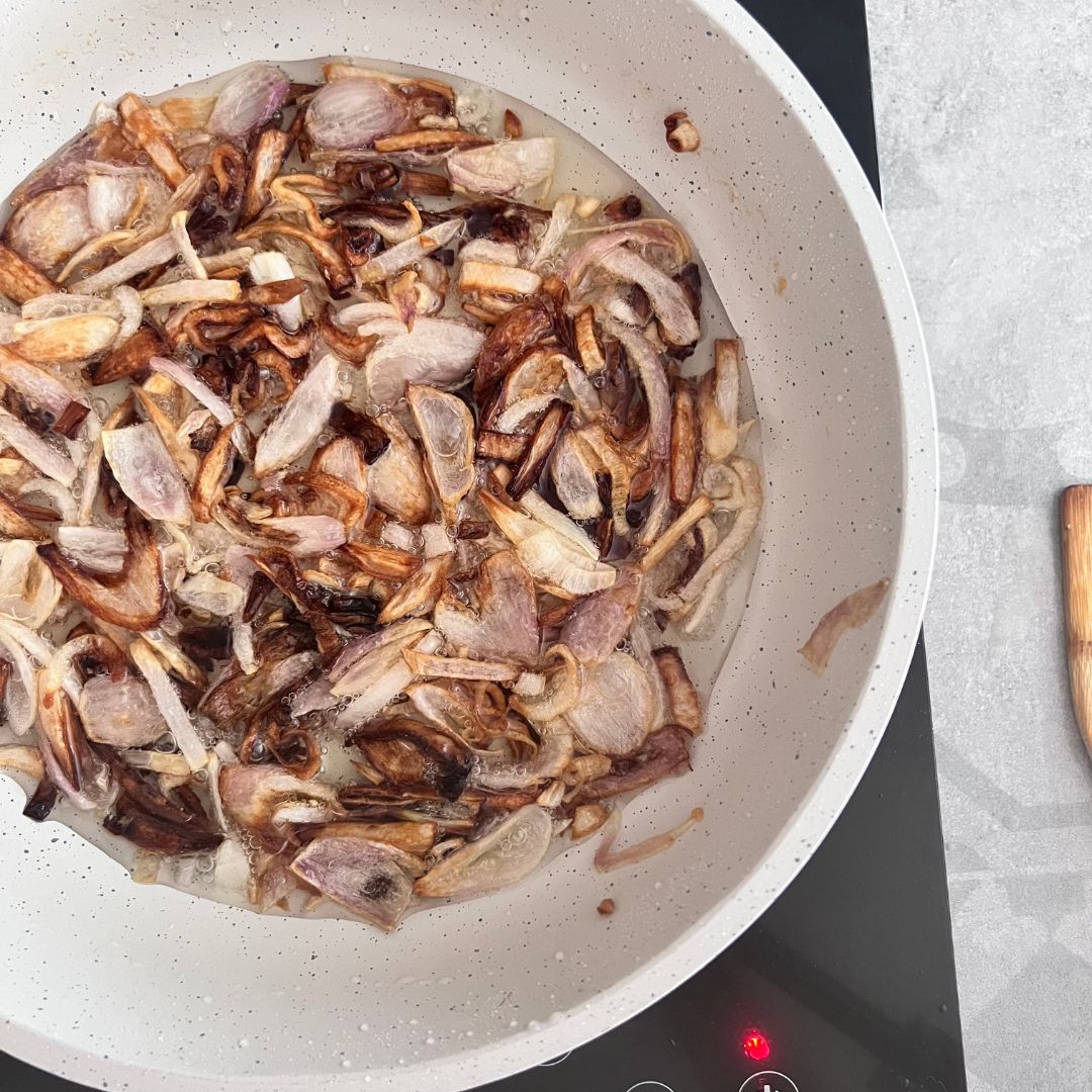 Avoid over frying the shallots.