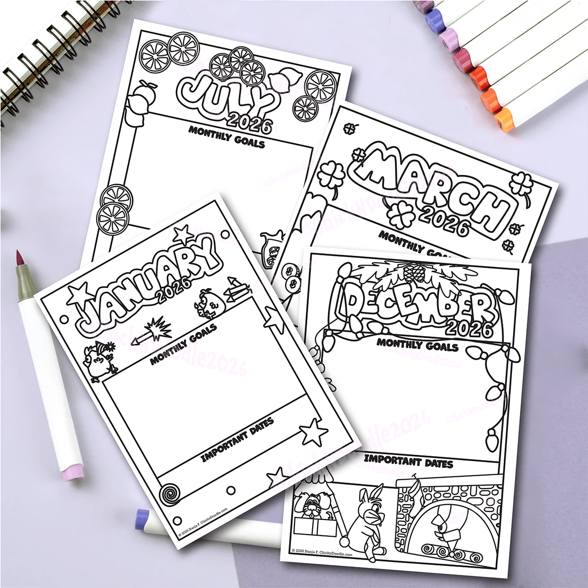 Handmade Monthly Goals Stickers for Planners and Journals - Digital Download for coloring - Image 3