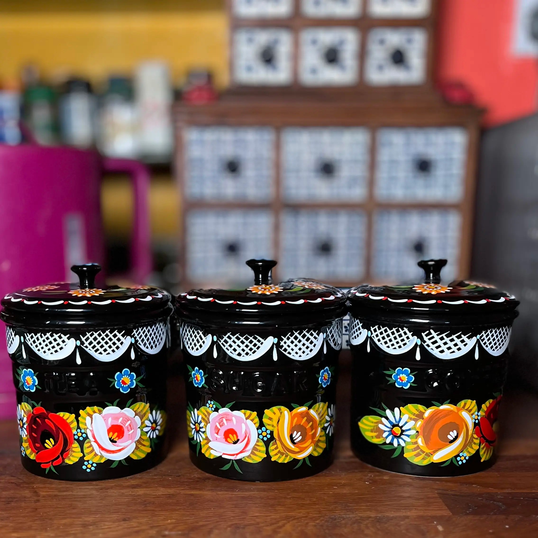 Canal Roses handpainted tea coffee & sugar ceramic pots