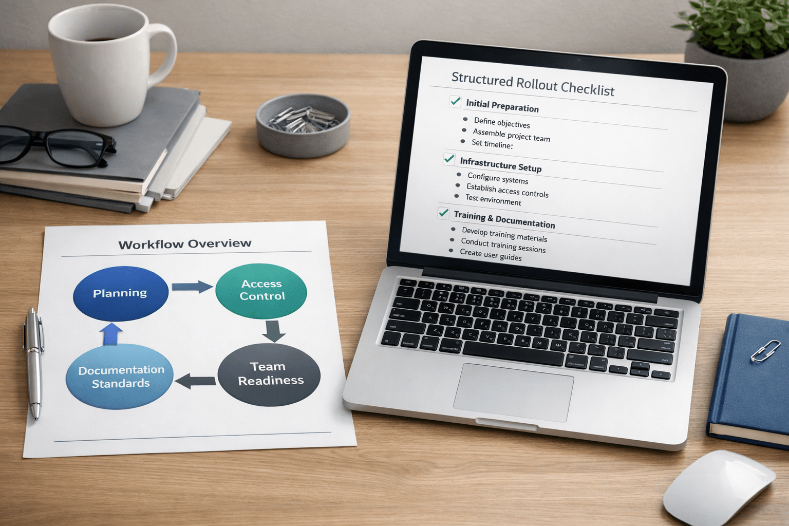 Workflow overview chart with key elements: Planning, Access Control, Documentation Standards, and Team Readiness, alongside a laptop displaying a structured rollout checklist for AI implementation.