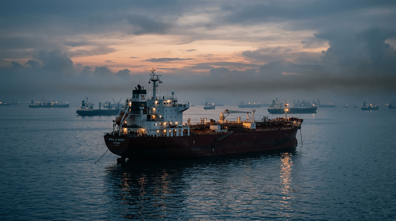 Large tanker anchored in harbor at dusk with cargo ships behind it