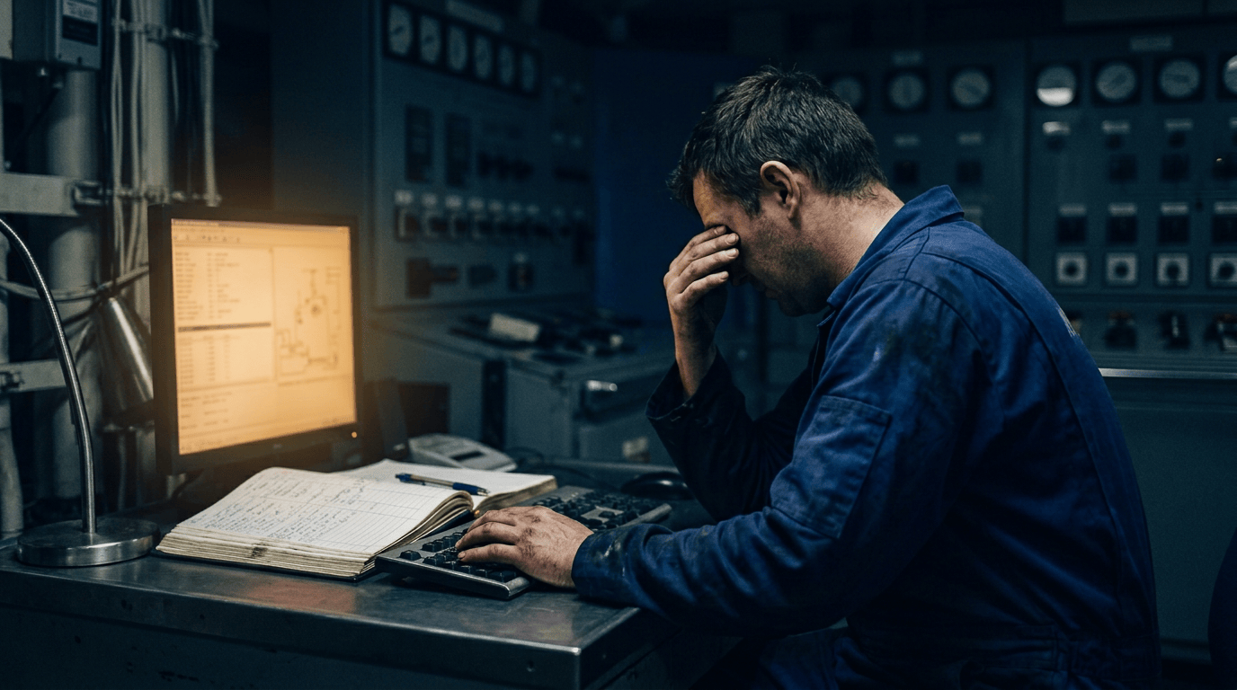 Tired industrial operator monitoring equipment beside a computer and logbook