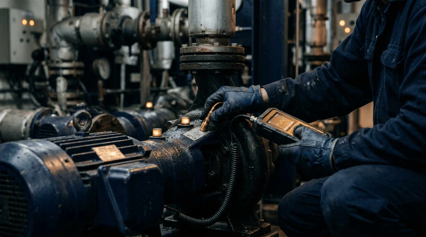 Technician inspecting an industrial valve with a handheld diagnostic device