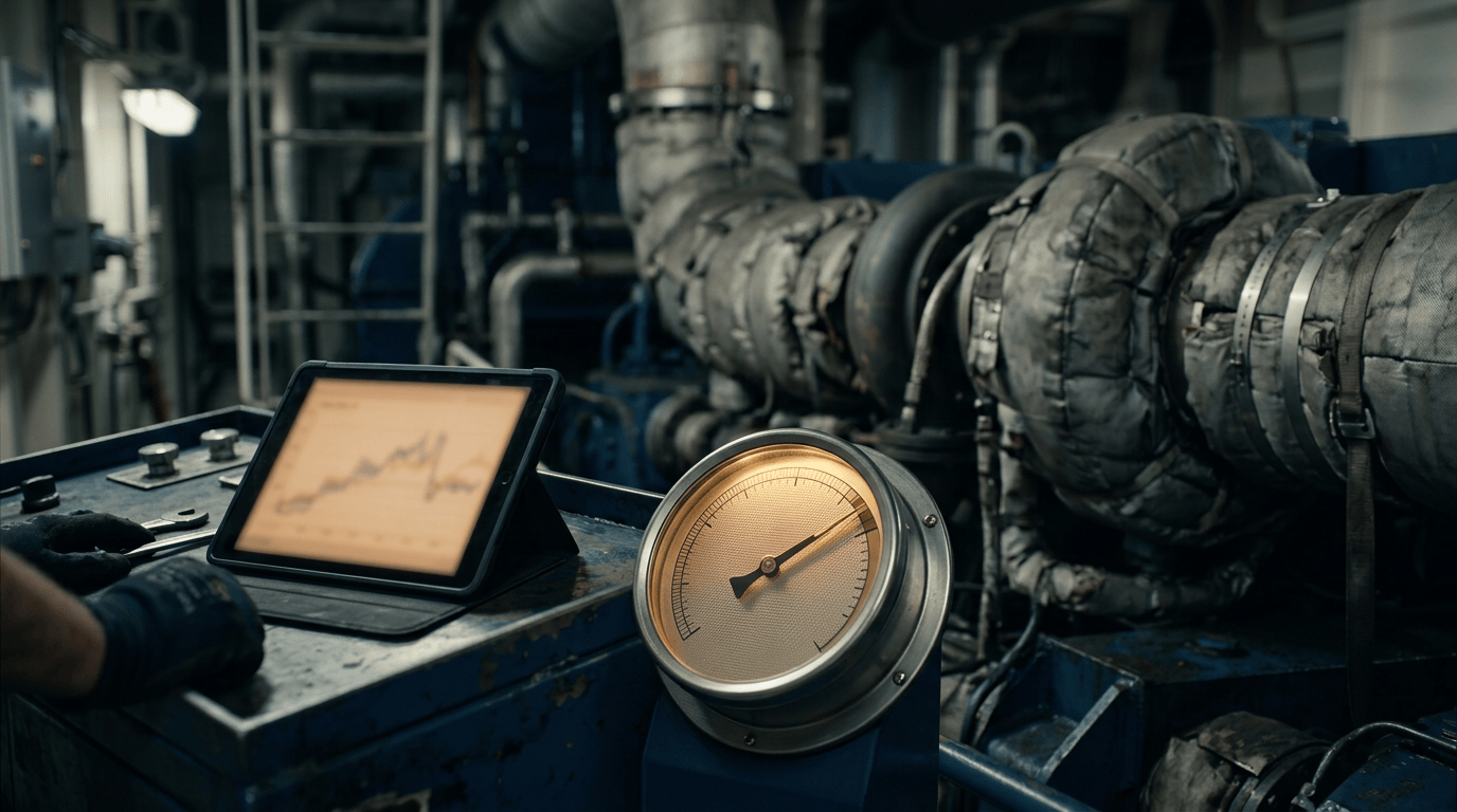 Pressure gauge and tablet monitoring insulated industrial piping