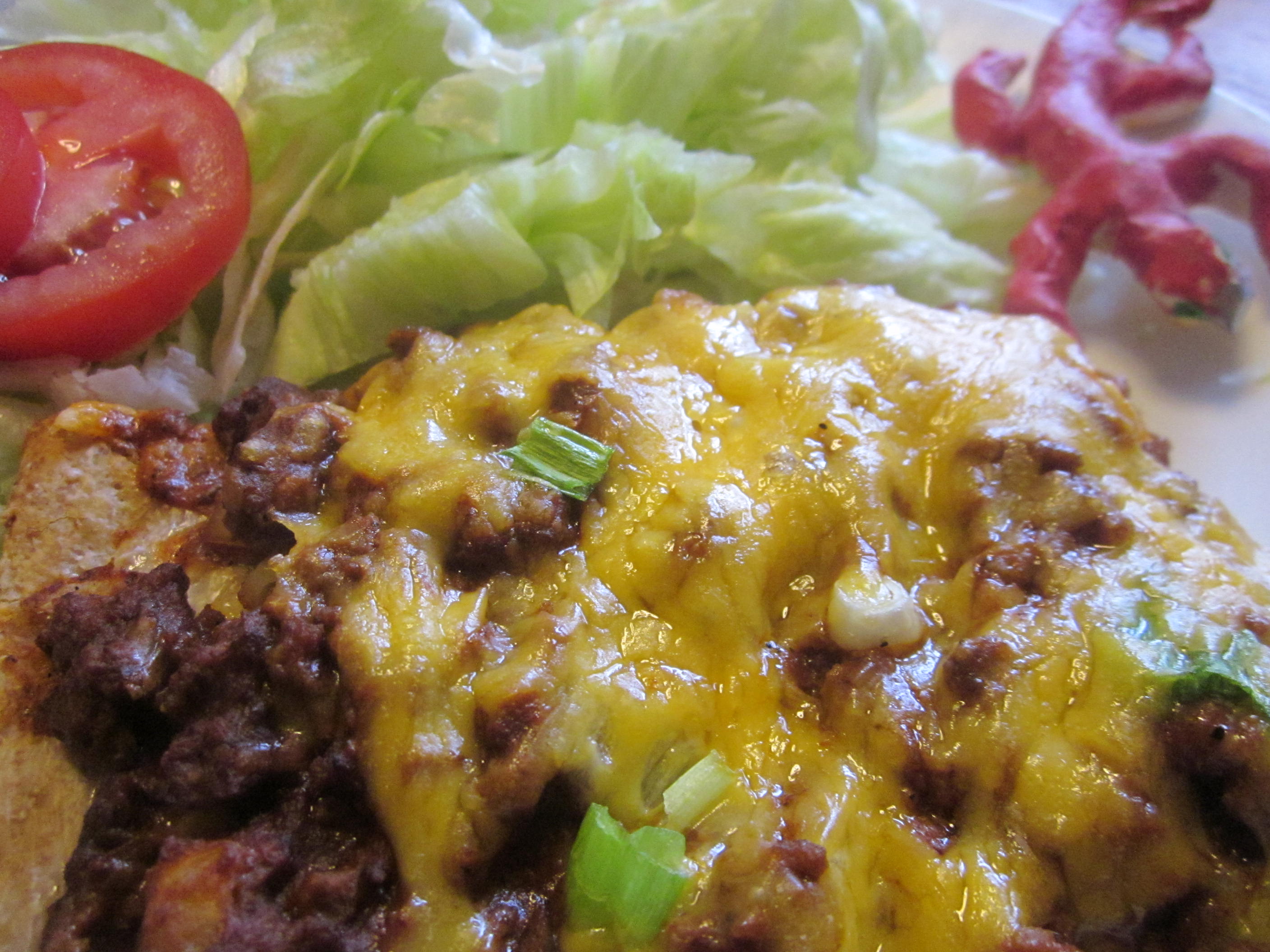 Chili Macaroni and Cheese Pizza. Note the "Lettuce of Contrition" as this isn't really health food.