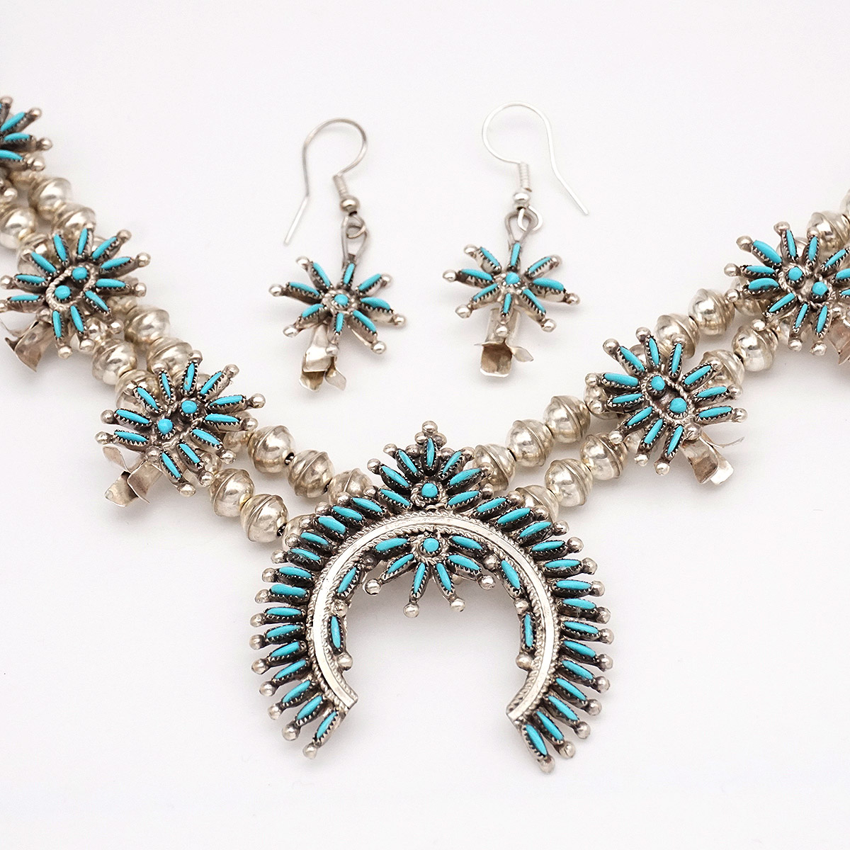 Zuni Needle Point Necklace and Earring set Sterling Silver and Sleeping Beauty Turquoise