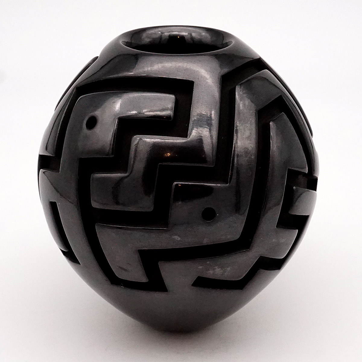 Black Carved Pot by Jesus Lozano, Mata Ortiz