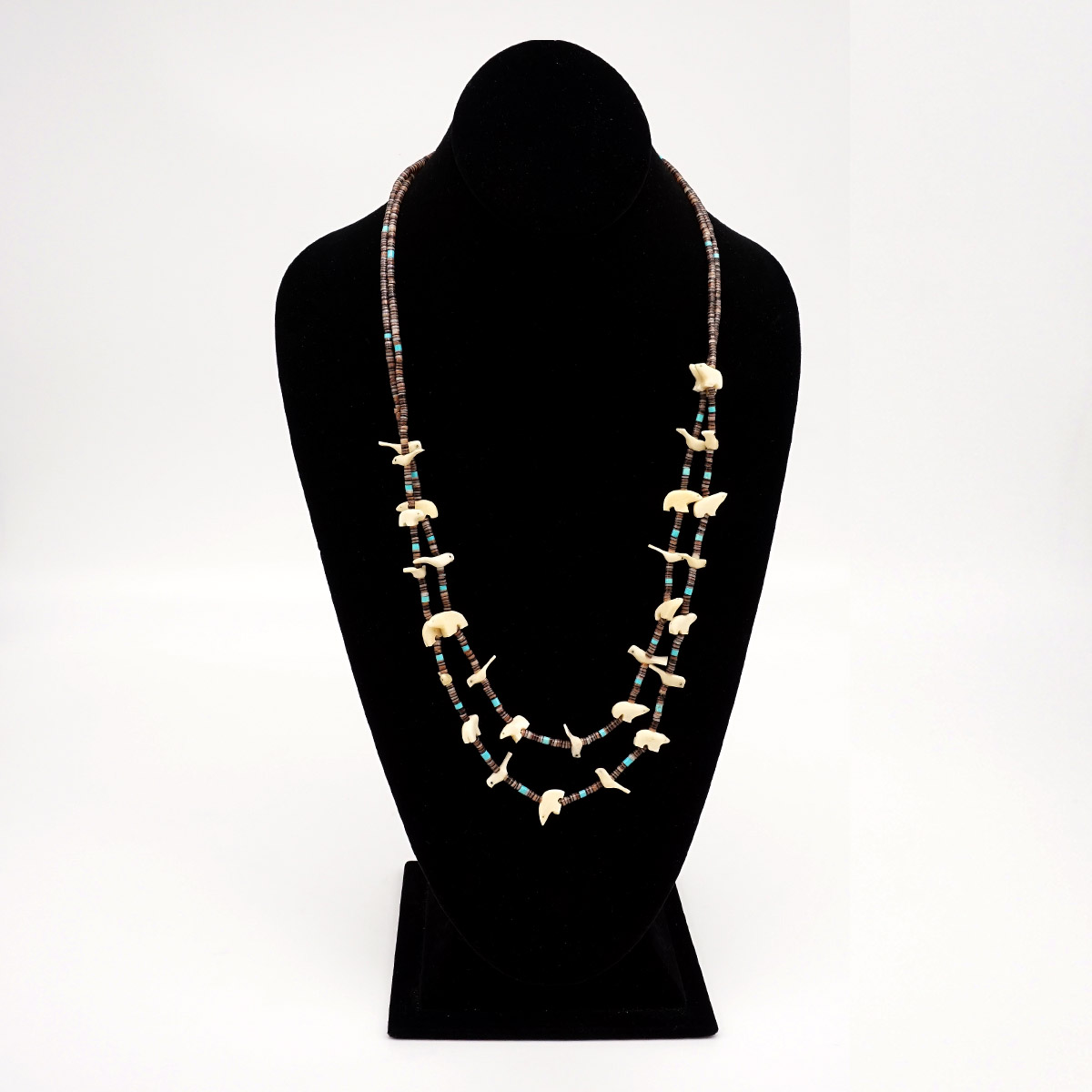 Zuni Carved Bear and Bird Fetish Necklace, 26”