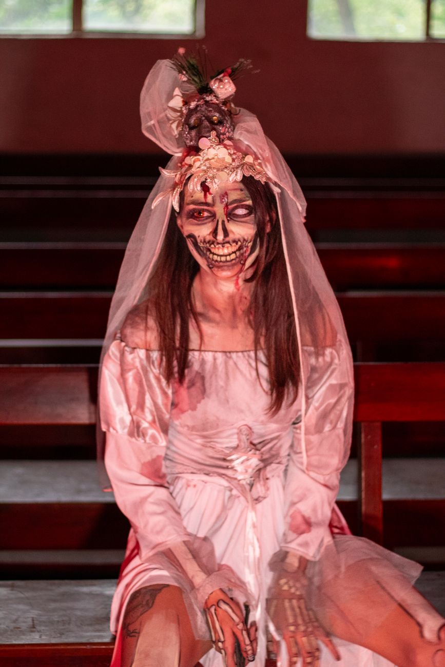 halloween zombie bride in church setting