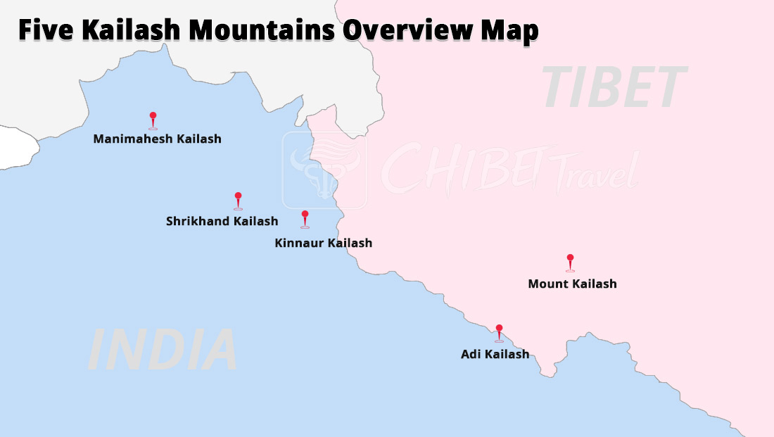 Map comparing Mount Kailash in Tibet with four Panch Kailash mountains in India