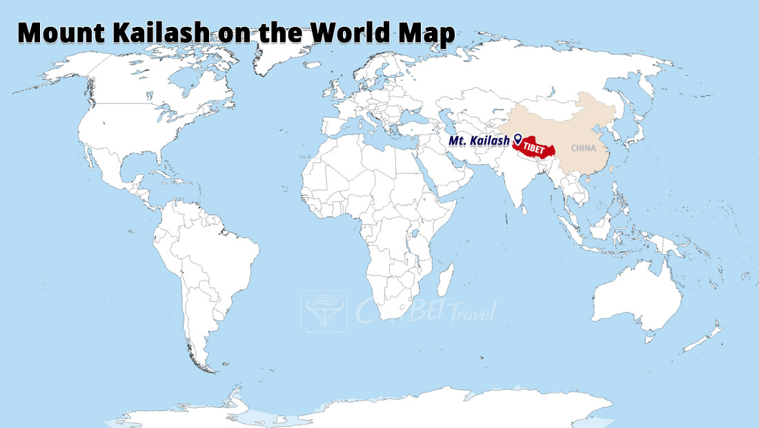 Mount Kailash location on a world map in western Tibet, China