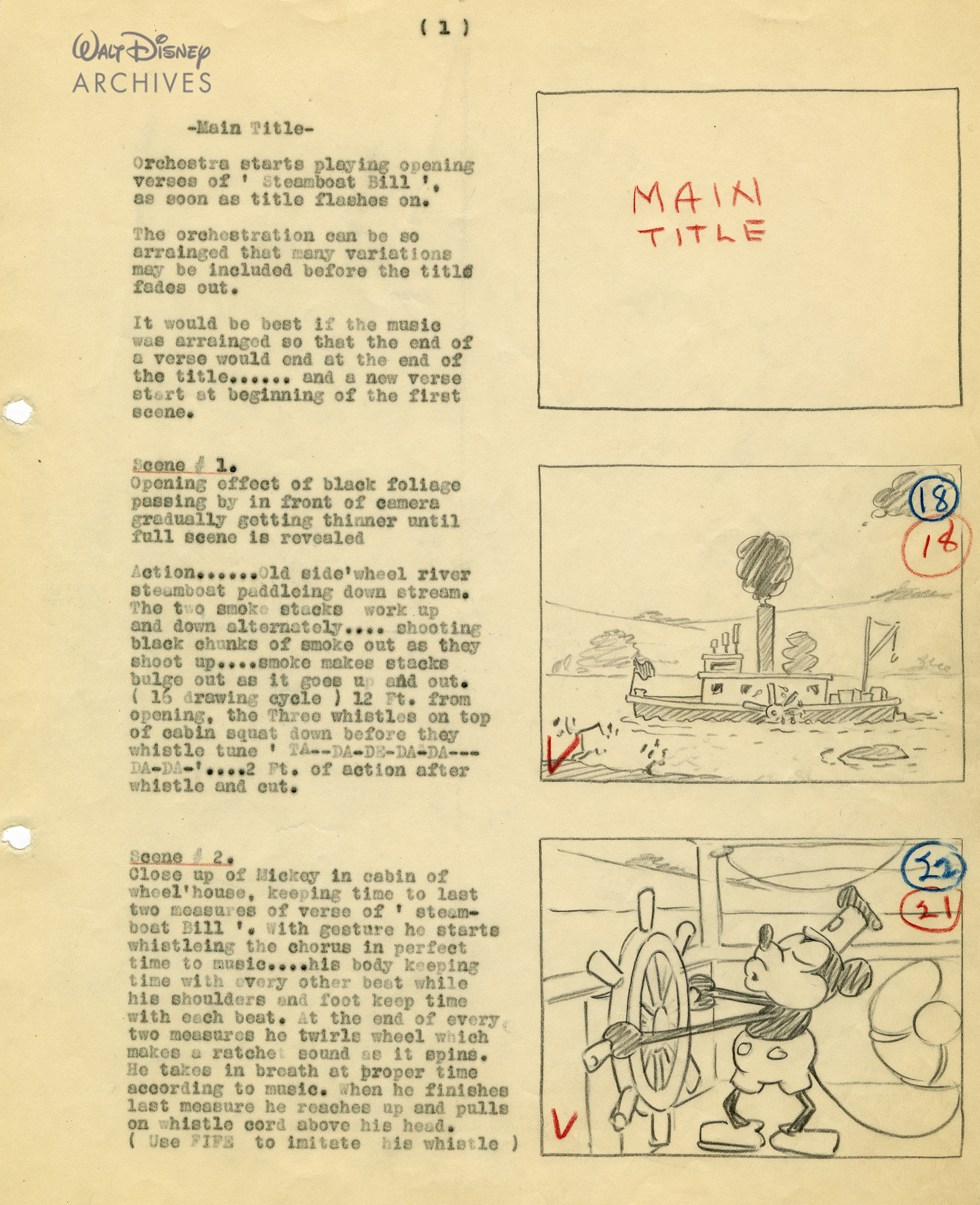Archiving-the-Show-Mouse_SW-Script.jpg: An array of treasures from the Walt Disney Archives were presented in “Archiving the ShowMouse of the World,” including hand-drawn pages from the original Steamboat Willie script, which remained in Walt Disney’s office until the 1960’s. As seen at D23’s Destination D: Celebrating Mickey Mouse, November 16-18, 2018 at Disney’s Contemporary Resort. © Disney