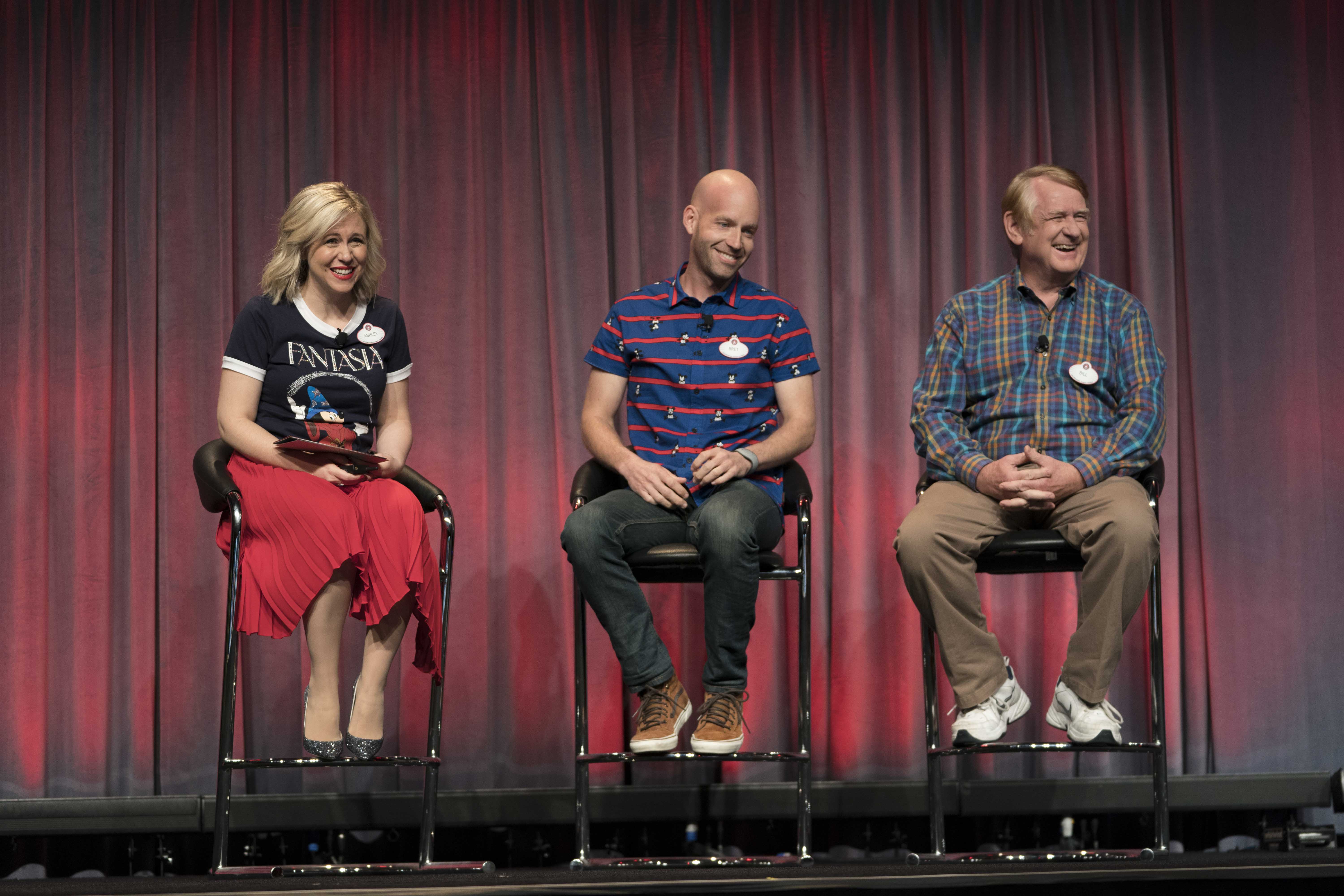 Ashley-Bret-Bill.jpg: Host Ashley Eckstein, Bret Iwan (voice of Mickey Mouse), and Bill Farmer (voice of Goofy and Pluto) during their panel “Voices of the “Fab 3” at D23’s Destination D: Celebrating Mickey Mouse, November 16-18, 2018 at Disney’s Contemporary Resort. © Disney