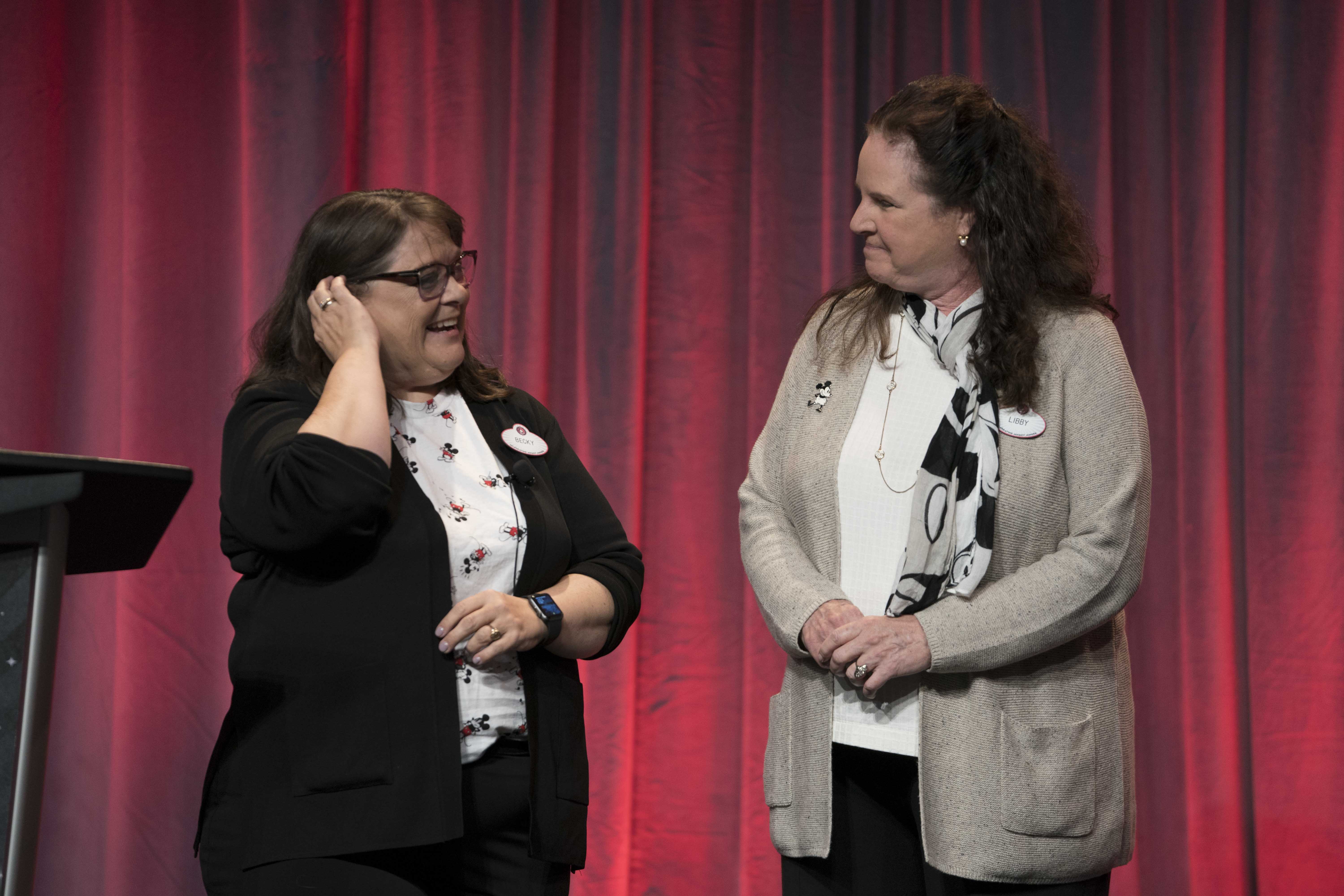 Becky-Libby.jpg: Director of the Walt Disney Archives Becky Cline and Disney Archivist Libby Spatz share some rare footage of the original 1950s Mickey Mouse Club television show at D23’s Destination D: Celebrating Mickey Mouse, November 16-18, 2018 at Disney’s Contemporary Resort. © Disney