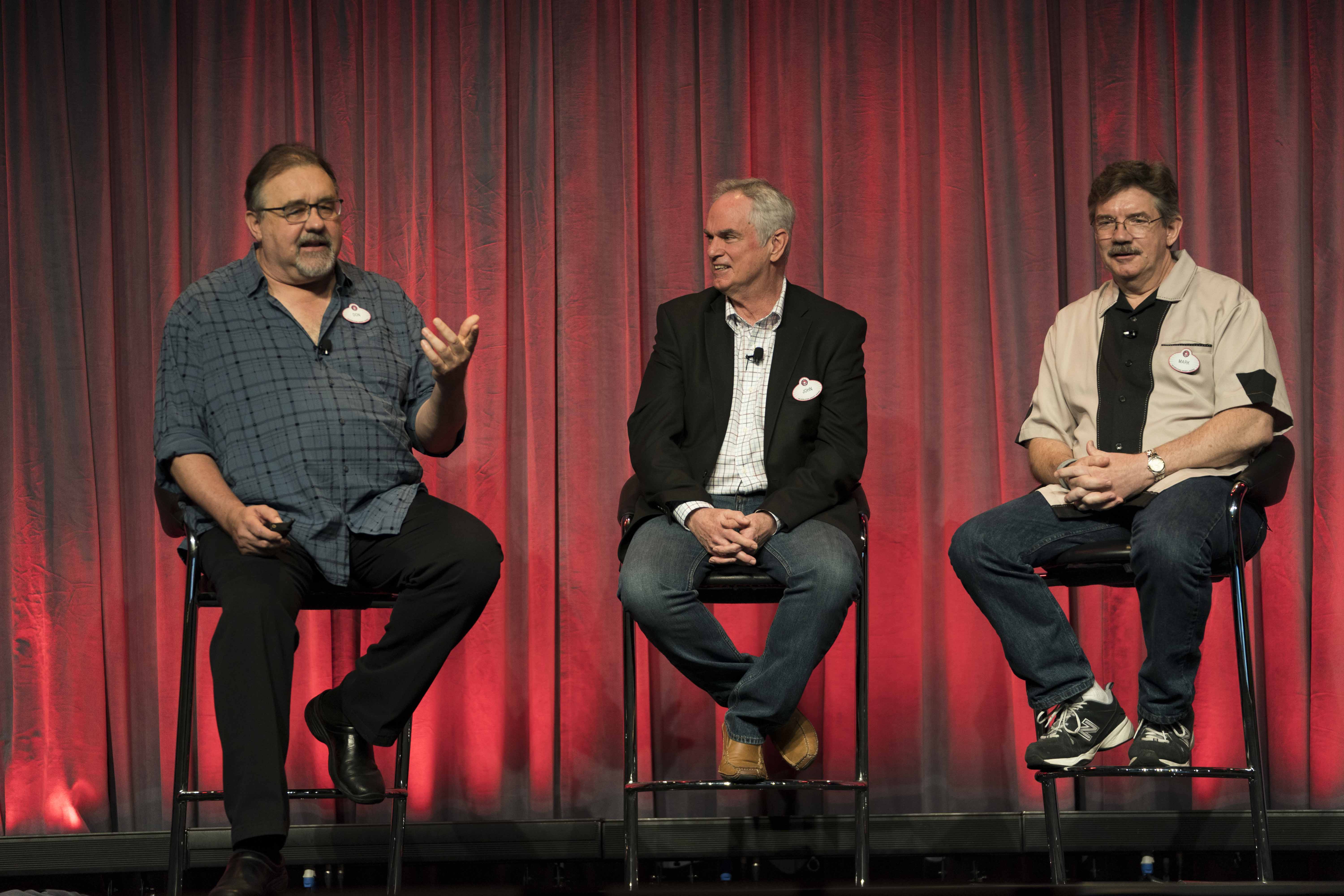 Don-John-Mark.jpg: Legendary Film Producer Don Hahn, Master Disney Animator Mark Henn, and Animation Legend John Pomeroy host the “A Mouse in Shorts: Animating Mickey Through the Years” panel at D23’s Destination D: Celebrating Mickey Mouse, November 16-18, 2018 at Disney’s Contemporary Resort. © Disney