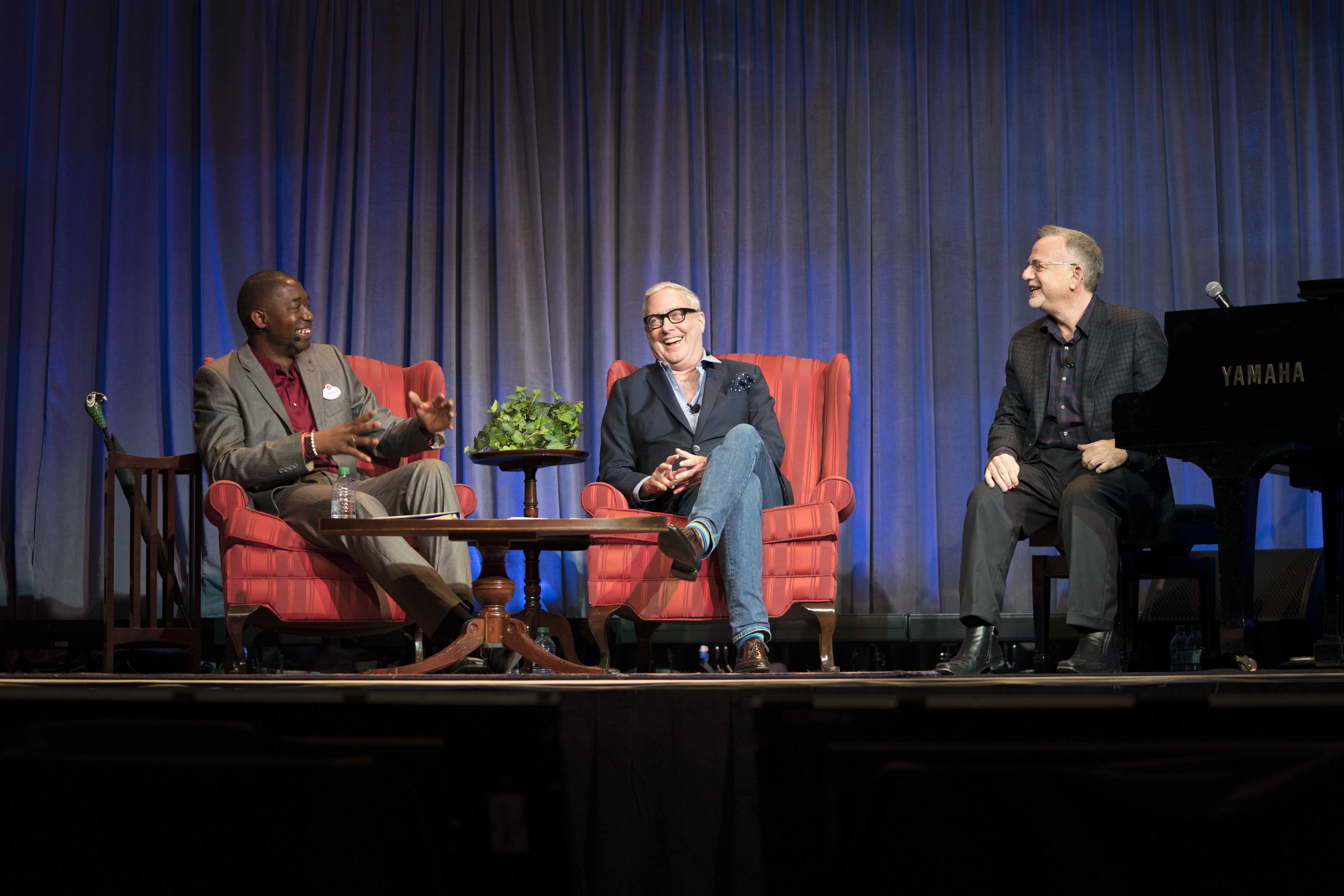 Mark-Scott-Marc.jpg: Panel host Mark Daniel chatted with the songwriting team from Mary Poppins Returns: Scott Wittman and Marc Shaiman. The duo presented a special behind-the-scenes look at their original songs from the film and shared their lifelong love for the first Mary Poppins film during “An Evening of Music with Marc Shaiman and Scott Wittman” at D23’s Destination D: Celebrating Mickey Mouse, November 16-18, 2018 at Disney’s Contemporary Resort. © Disney