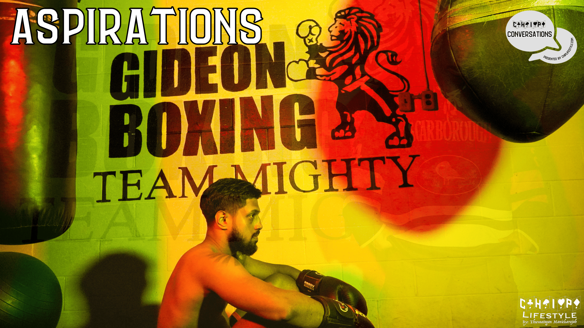 boxer sitting down in front of a sign that reads "Gideon boxing team mighty" between two punching bags and an opaque image person wearing a hockey jersey 