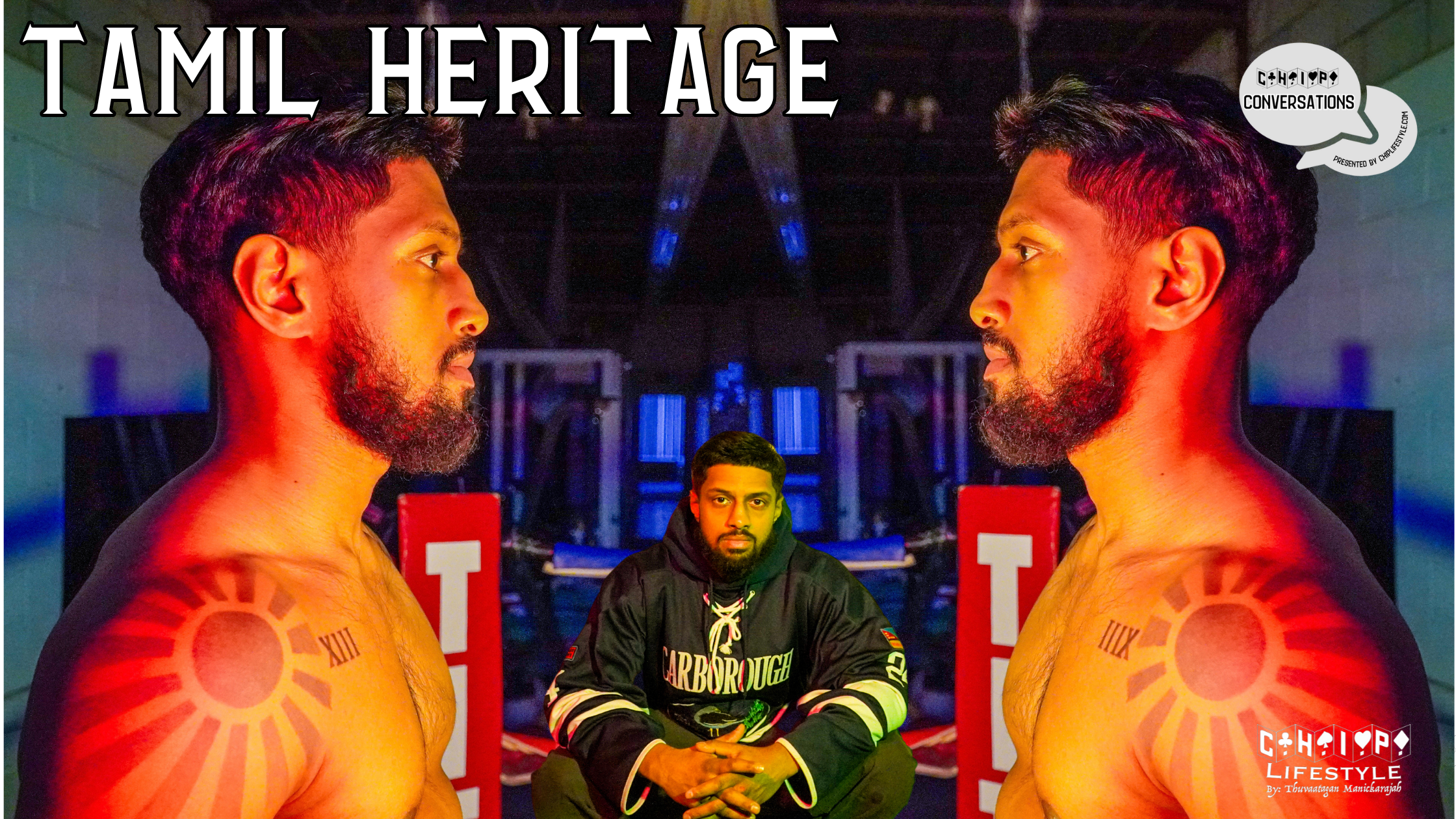 Image of person looking at each other with another image of person squatting in between the reflection with the heading "tamil heritage"