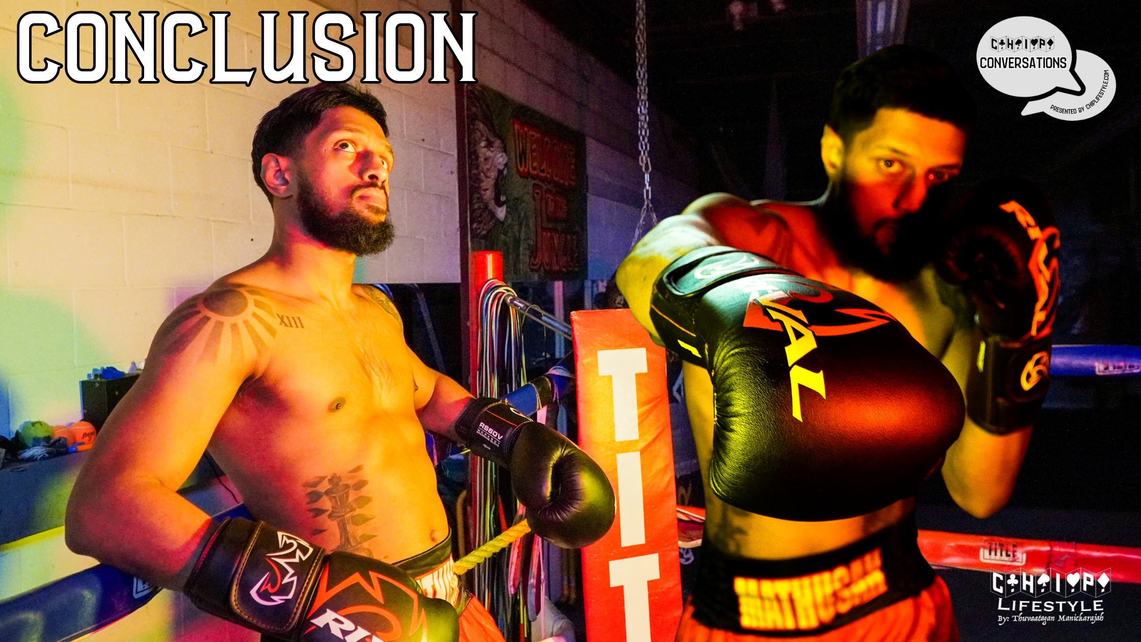 image of boxer looking up while leaning on the ropes and another image of boxer posing with a punch with the title "conclusion"