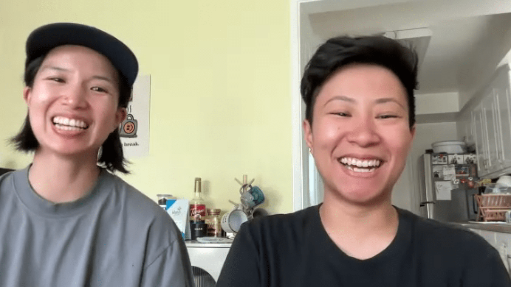 Milk+T partners, Christine and Stacey, smiling while on Zoom being interviewed for CHIP Conversations